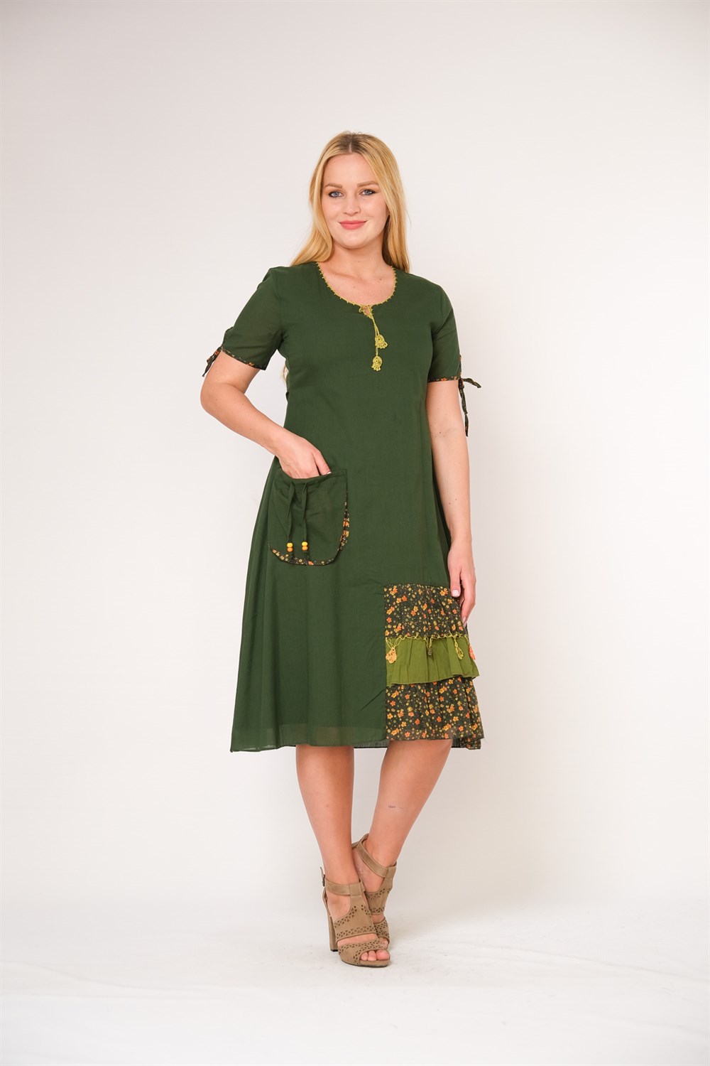 9087- K.Yeşil Otantik Elbise