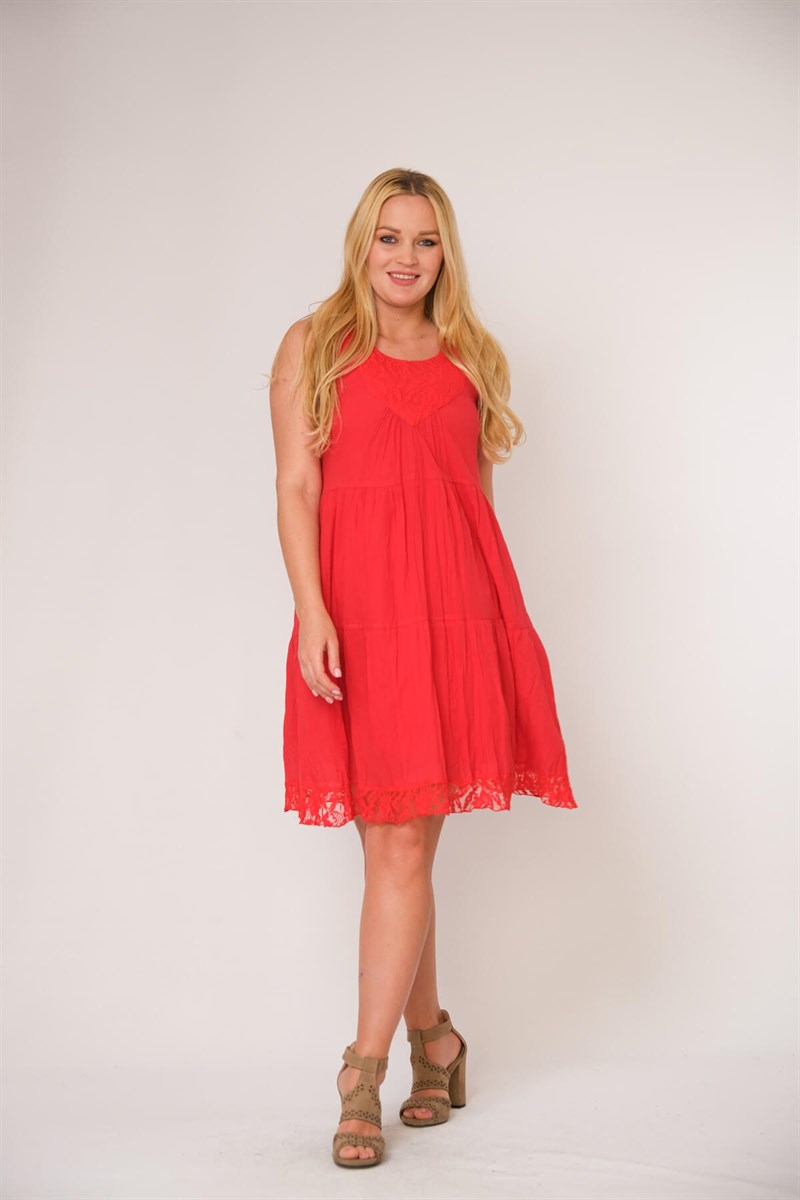 9098 Kırmızı Dantelli Elbise