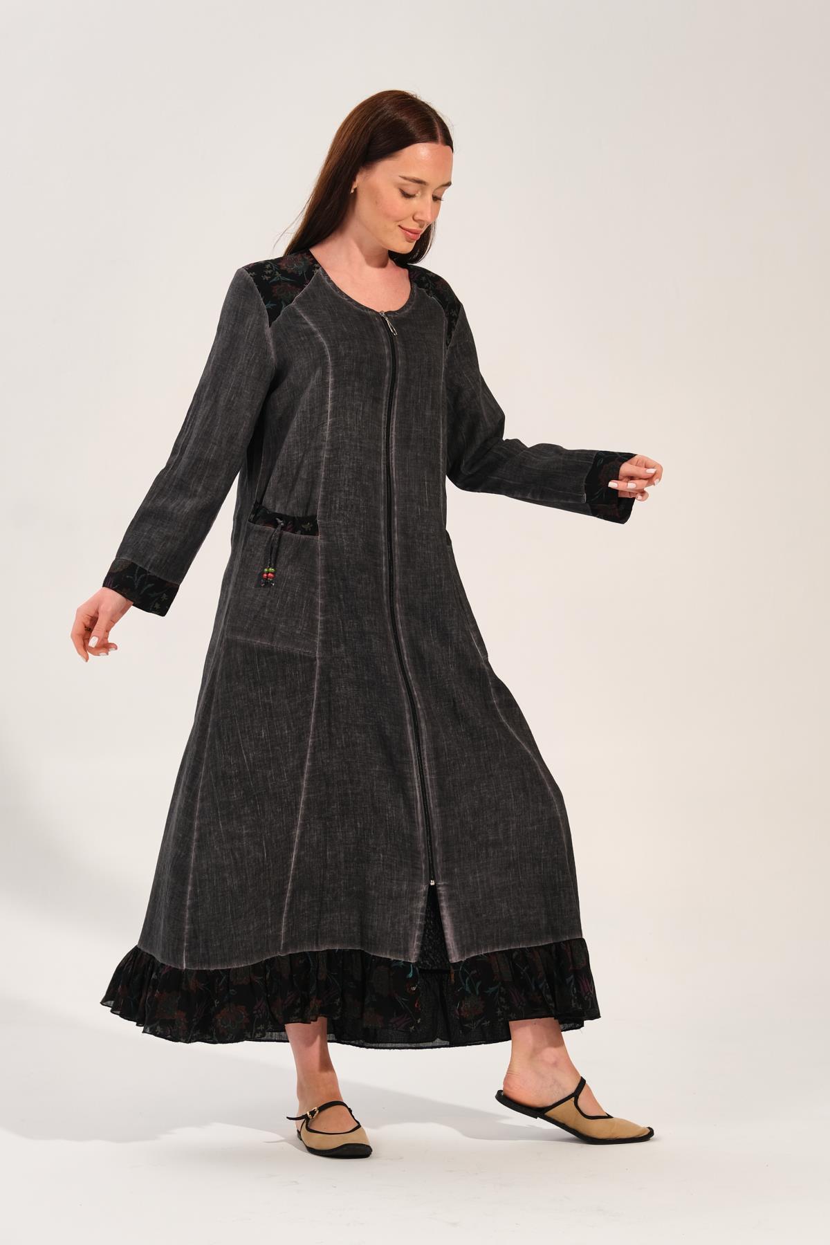 9202 Yıkamalı Cepli Antrasit Ferace