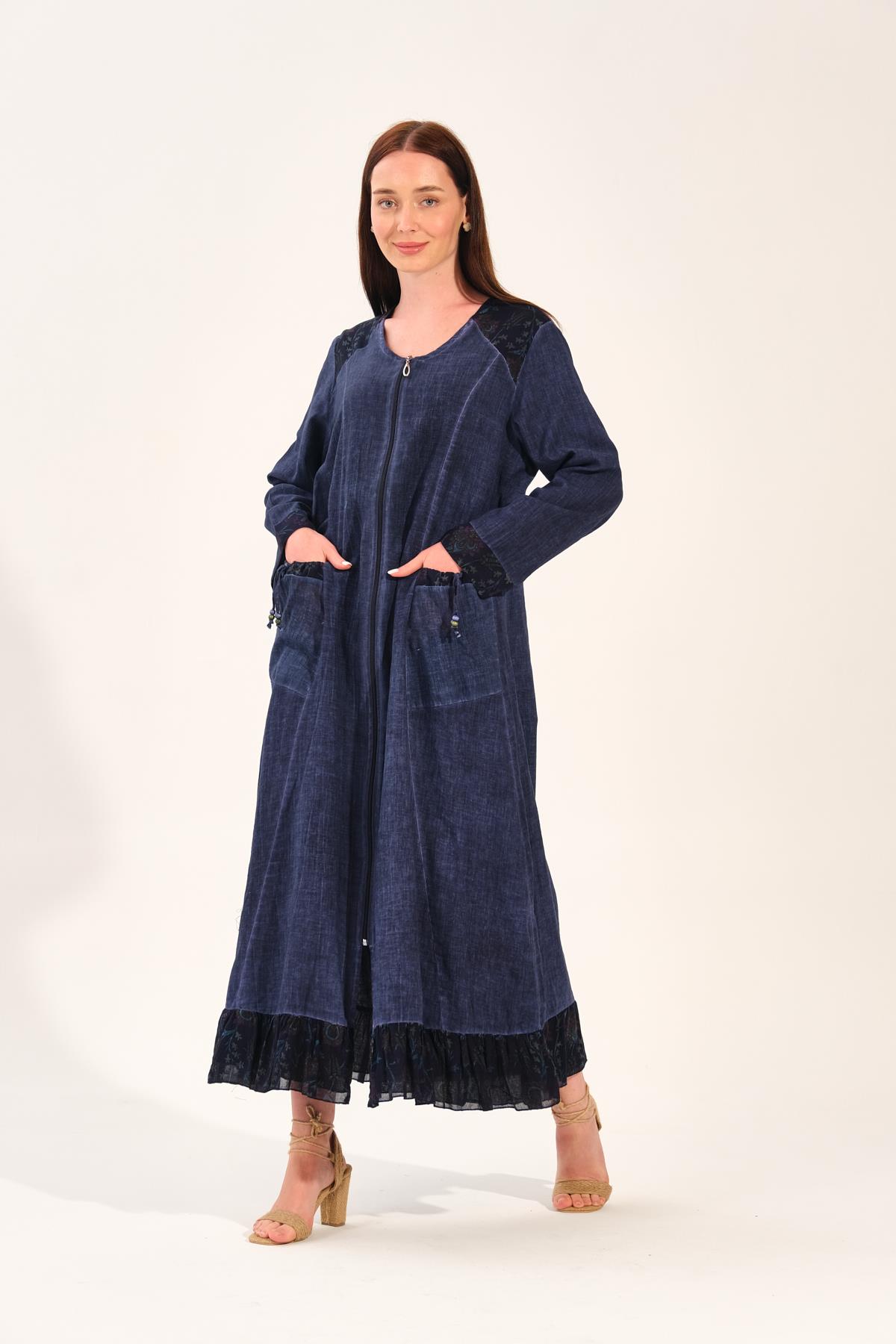 9202 Yıkamalı Cepli Lacivert Ferace