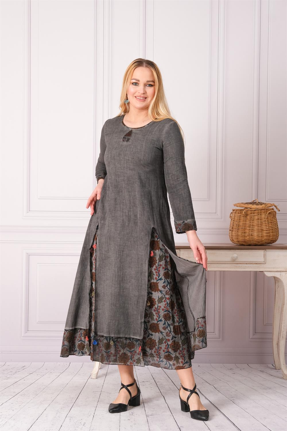 9204 Antrasit Uzun Elbise