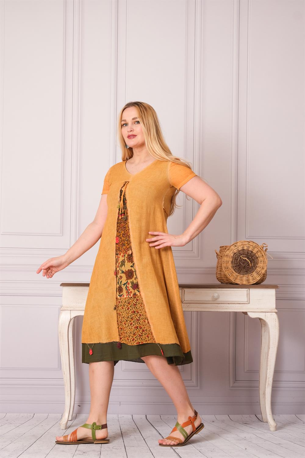 9205 Hardal Yıkamalı Elbise