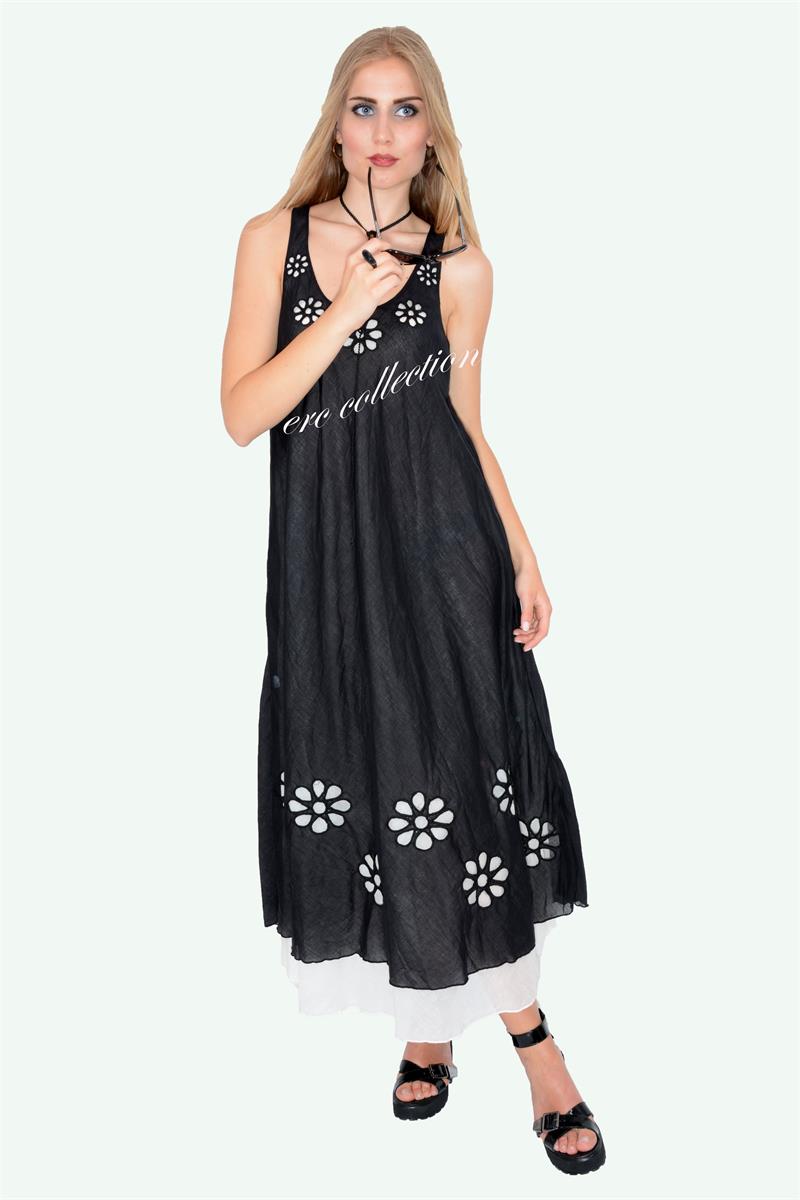 547-OTANTİK PAPATYALI ELBİSE  SİYAH