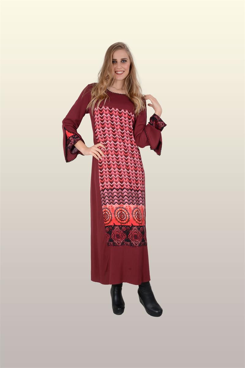 Otantik GİYİM-700-Belmando Hipi Desen Elbise- Bordo