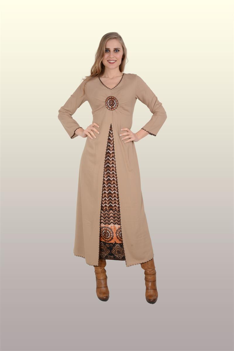 Otantik Giyim- Büzgülü Desenli Elbise -703- Vizon