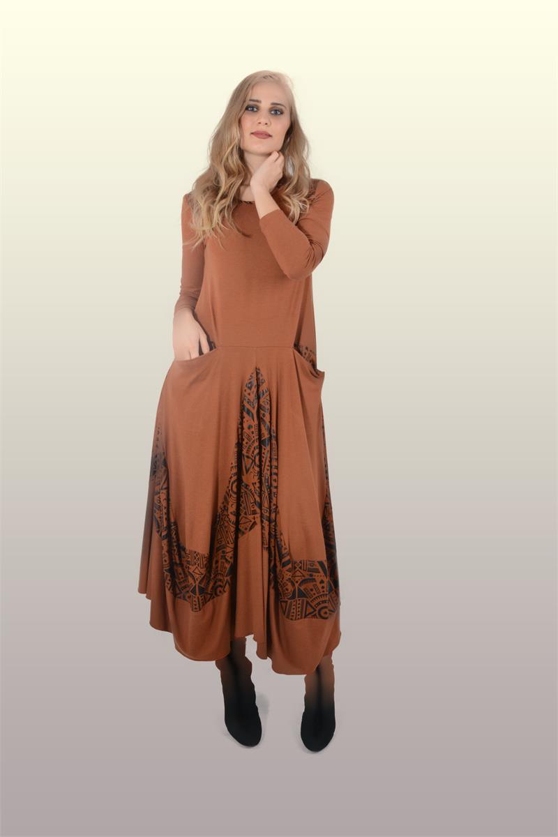 Otantik Giyim-713-Valonlu Elbise-Kahve