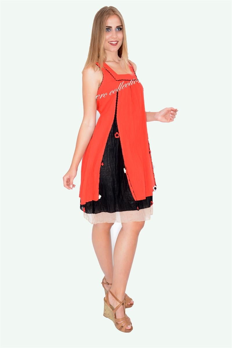 204-OTANTİK KARE YAKA ÜÇ KATLI ELBİSE MERCAN