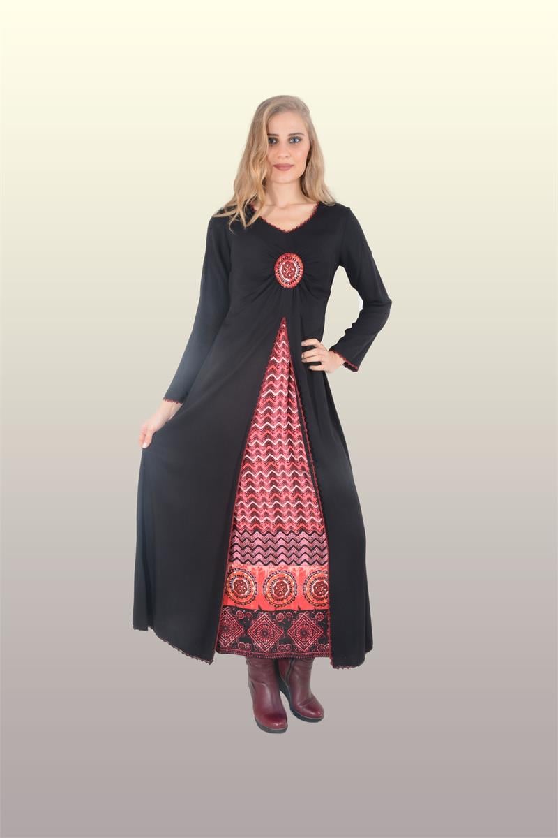 Otantik Giyim -Büzgülü Desenli Elbise-703-Siyah