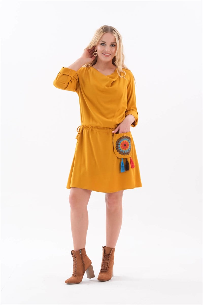 Otantik Degaje Yaka Elbise-9014 Hardal-