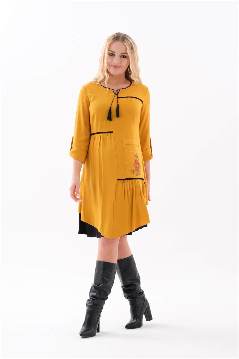 Otantik Elbise 9020 Hardal-Siyah