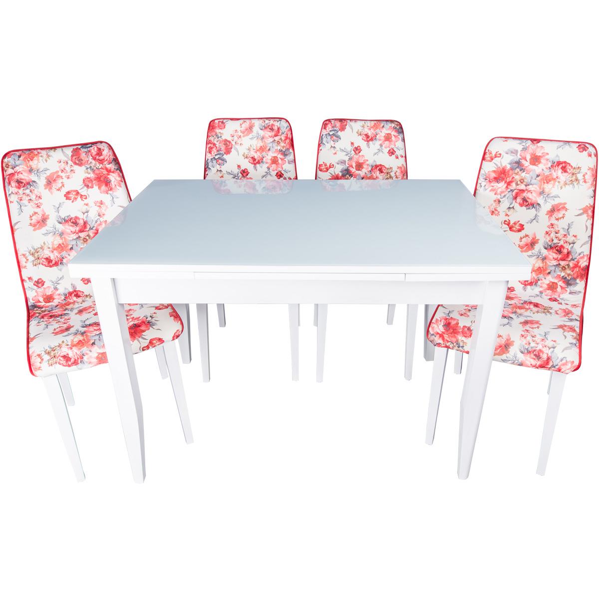 Kırmızı Çiçekli Sandalye ve Beyaz Cam Masa Takımı | Kristal Masa & Sandalye