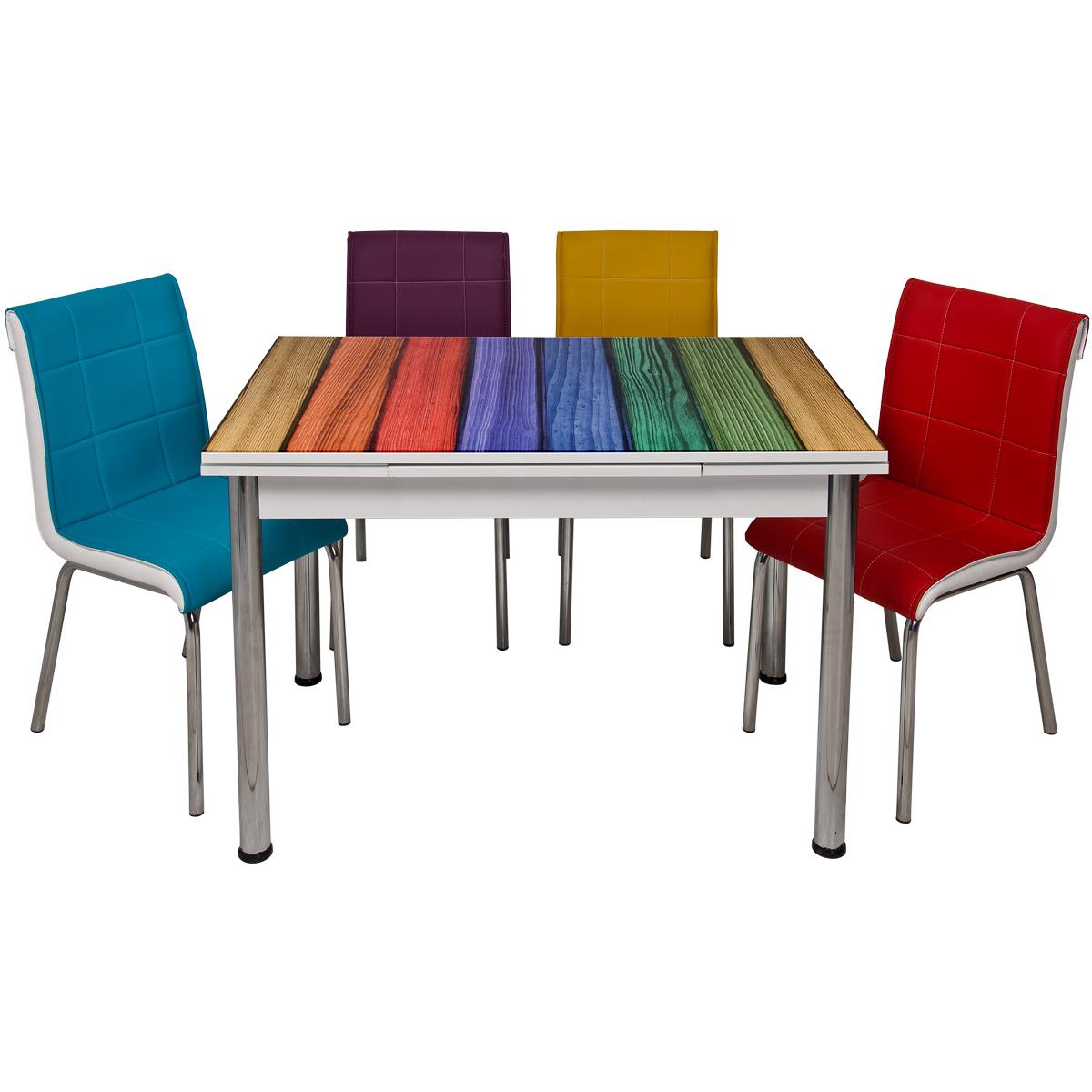 Dört Renk Yandan Açılır Krom Ayaklı Cam Masa Takımı | Kristal Masa &  Sandalye