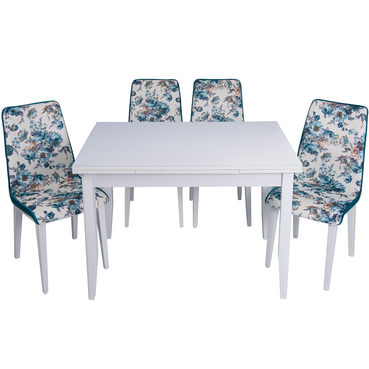 Turkuaz Çiçekli Kumaş Sandalye ve Beyaz Cam Masa Takımı | Kristal Masa &  Sandalye