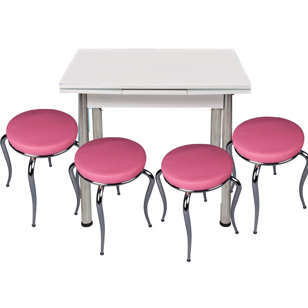 Beyaz Yandan Açılır Küçük Boyut Masa ve 4 Pembe Tabure Takımı | Kristal Masa  & Sandalye