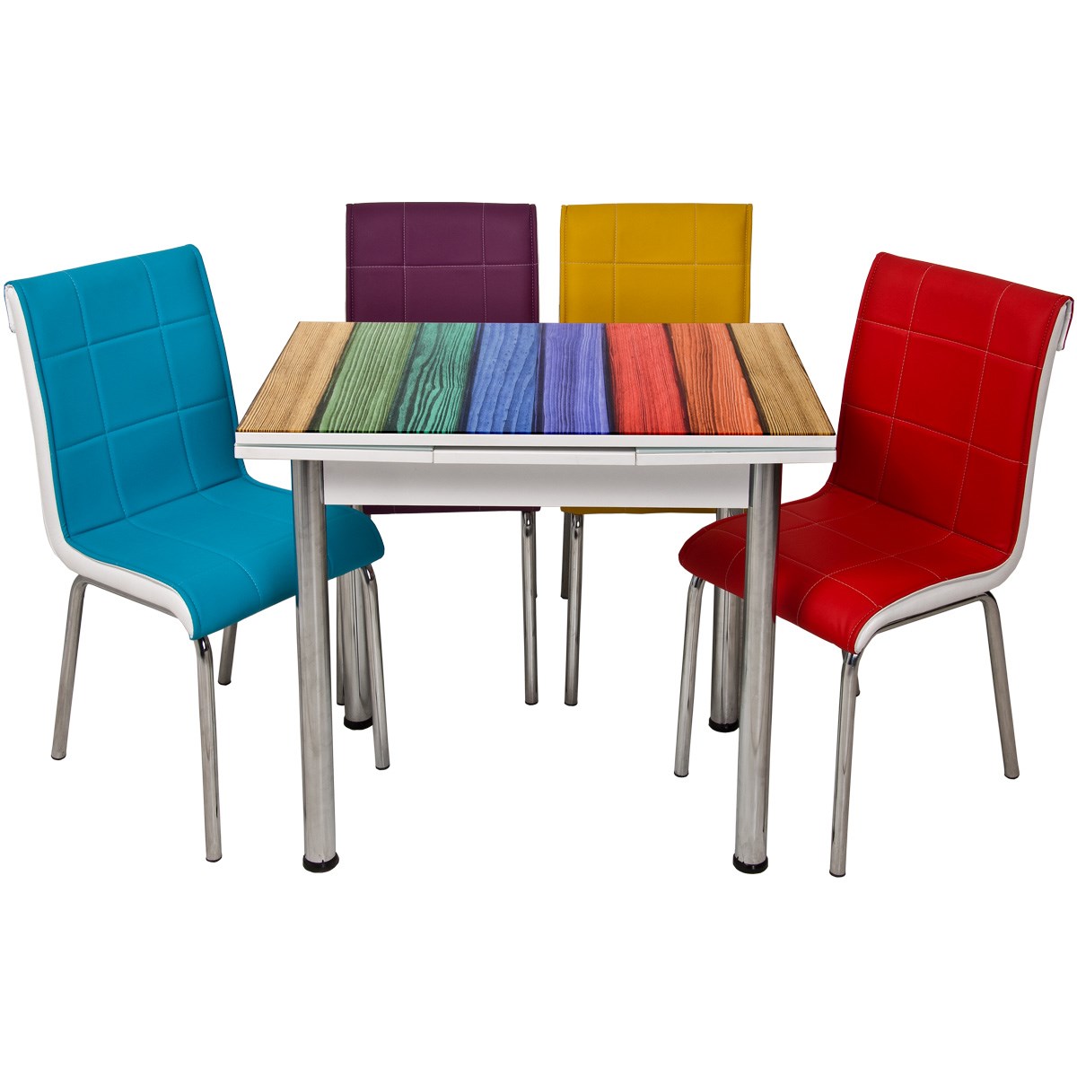 Dört Renk Ahşap Desen Yandan Açılır Küçük Ebatlı Cam Masa Takımı| Kristal  Masa & Sandalye