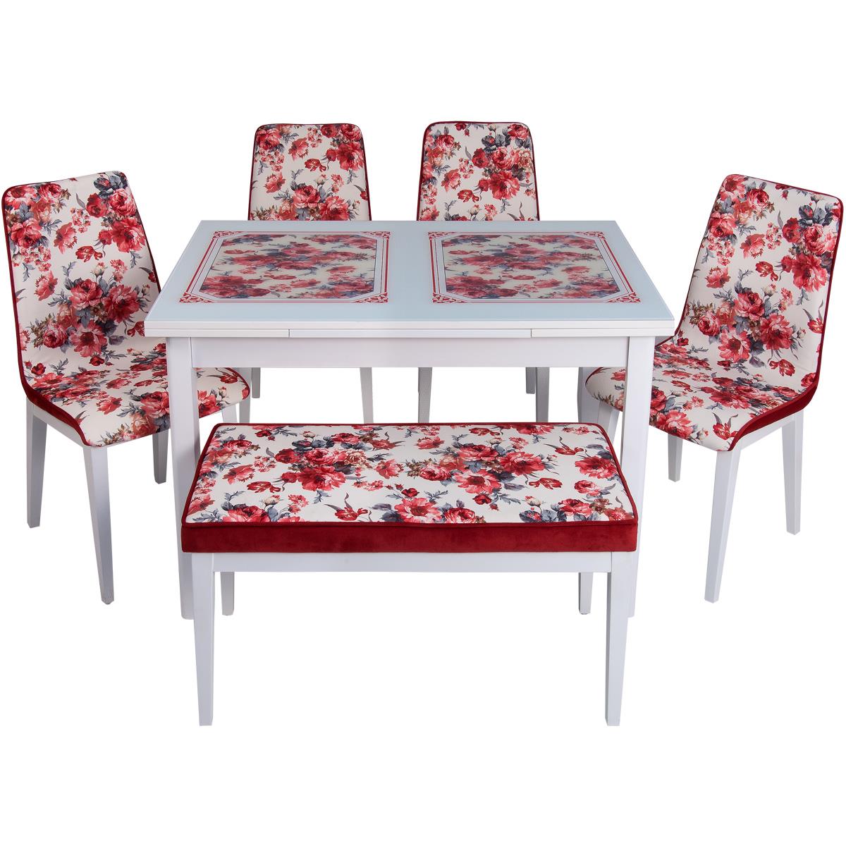 Kırmızı Çiçekli Yandan Açılır Ahşap Ayaklı Cam Masa Sandalye Takımı (Puflu)  | Kristal Masa & Sandalye