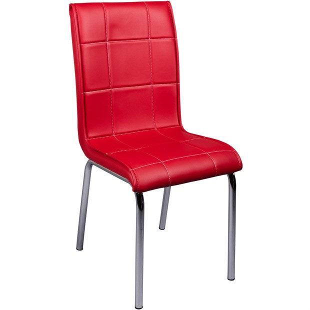 Monopetli Düz Deri Kırmızı Krom Ayaklı Sandalye