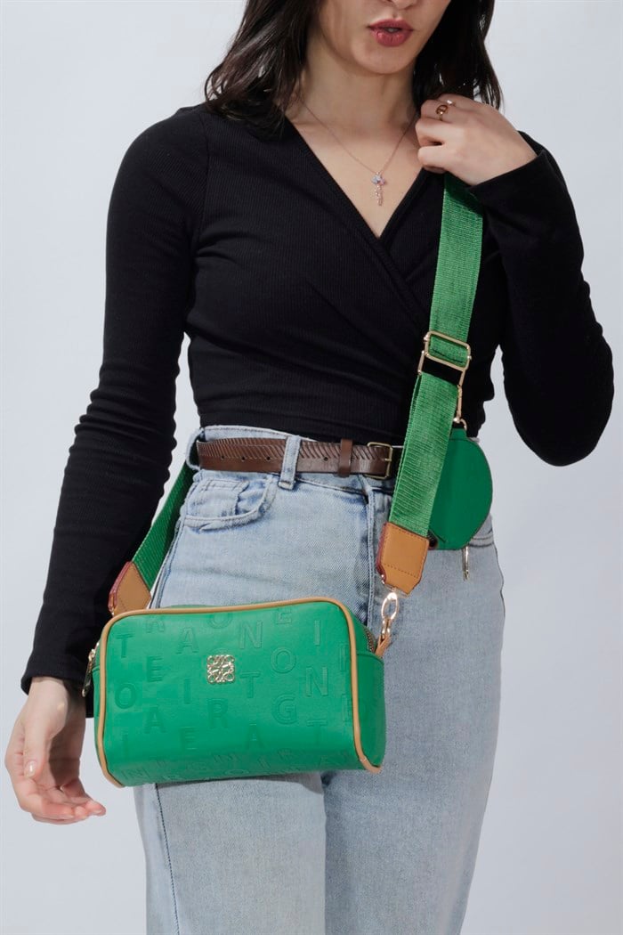 2 Gözlü Yeşil Çapraz Askılı Mini Cüzdanlı Kadın Çanta