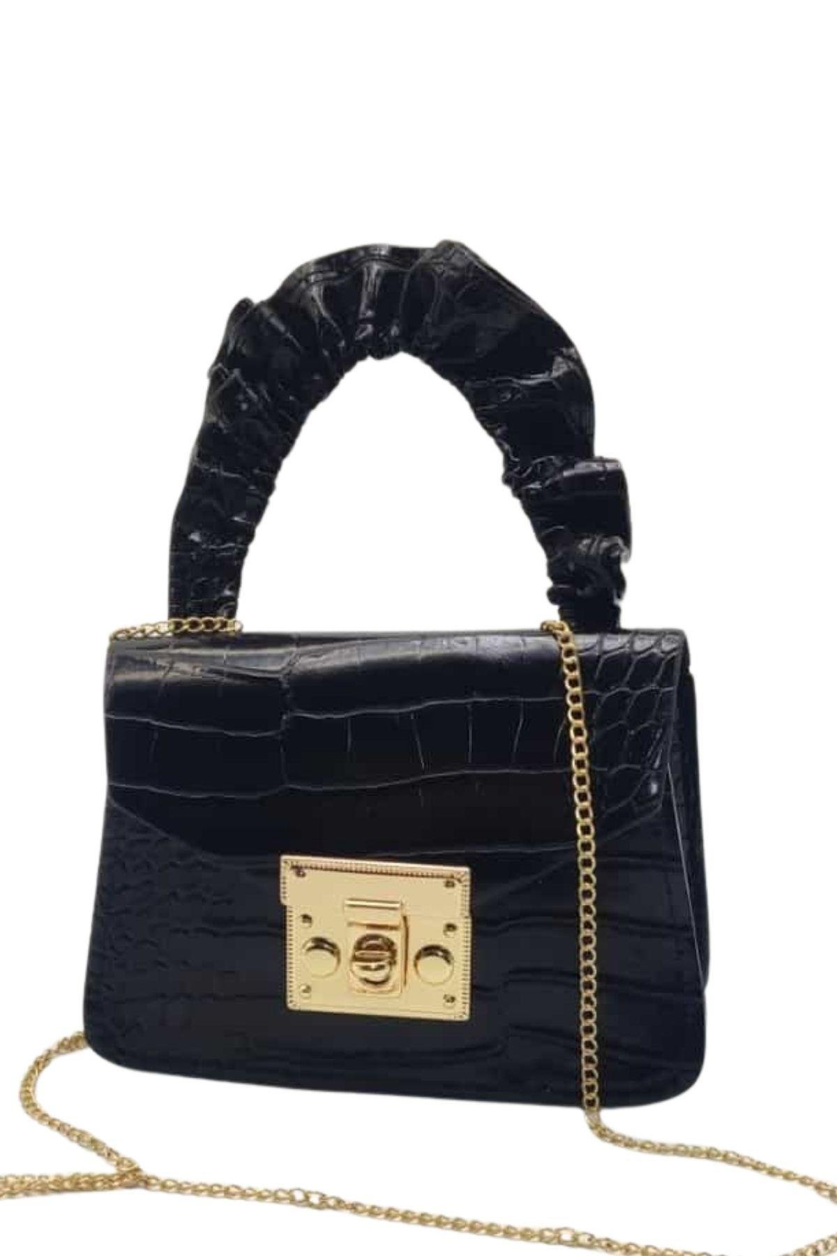 Siyah Çapraz Gold Zincir Askılı Mini Kız Çocuk Çantası 