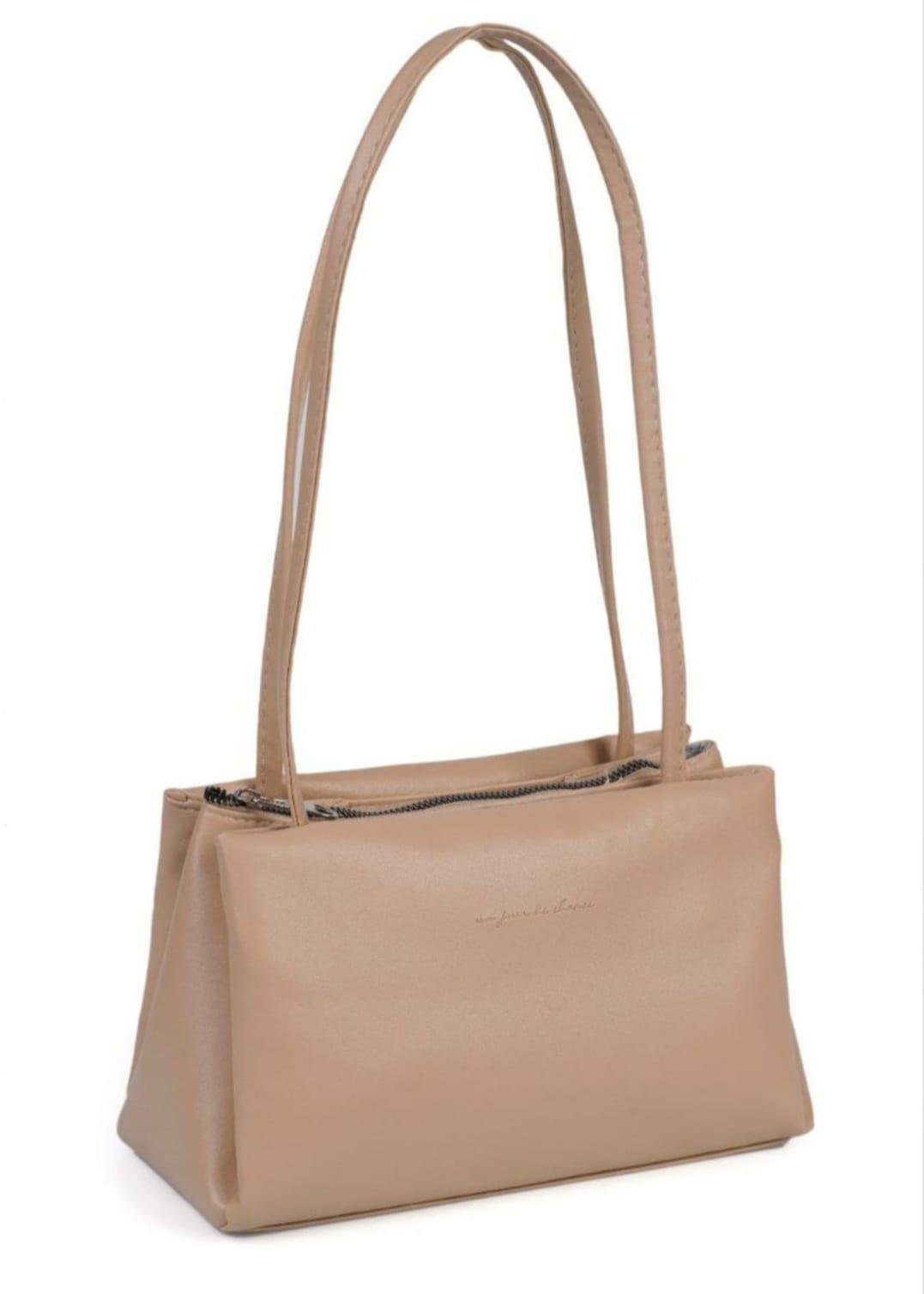 Kadın Bej Çıtçıt Detaylı Üç Bölmeli Baget Omuz Çantası