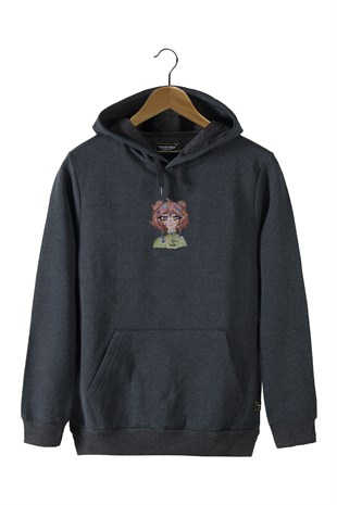 Erkek Antrasit Önü Anime Kız Baskılı Kapüşonlu Sweatshirt 22K-5200322-7