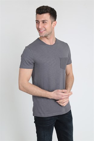 Erkek Basic Slim Fit Yuvarlak Yaka Cepli T-Shirt 21Y-3400745-1 Antrasit