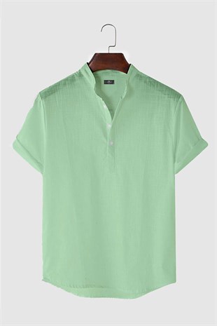 Erkek Hakim Yaka Kısa Kollu Yarım Patlı Keten Gömlek 21K-4300571-2 Fıstık Yeşili