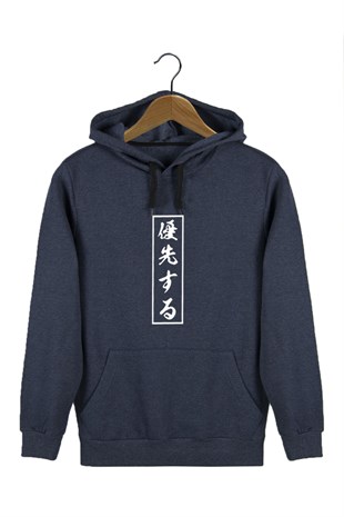 Erkek İndigo Önü Japonca Baskılı Kapüşonlu Sweatshirt 22K-5200322-3