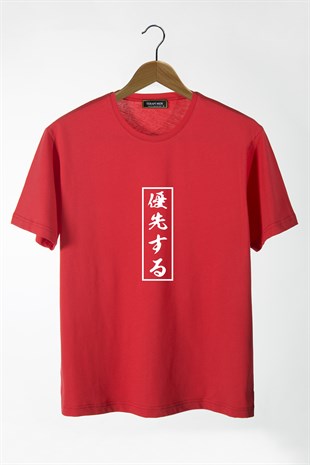 Erkek Kırmızı Japonca Harf Baskılı Bisiklet Yaka Oversize T-Shirt 22Y-3400762-3