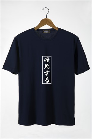 Erkek Lacivert Japonca Harf Baskılı Bisiklet Yaka Oversize T-Shirt 22Y-3400762-3