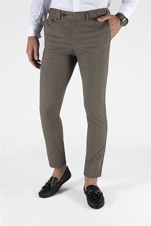 Erkek Slim Fit Dik Çizgili Keten Pantolon 21K-2200420-1 Kahverengi