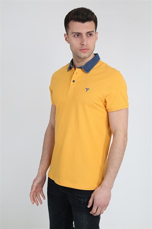 Erkek Yakası Kot Detaylı Polo Yaka Basic T-Shirt 21Y-3400748-01 Hardal
