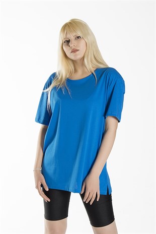 Kadın Mavi Basic Bisiklet Yaka Oversize Pamuklu T-shirt 22Y-3400761-K1
