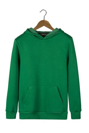 Unisex Yeşil Oversize Kalın Üç Iplik Şardonlu Kapüşonlu Basic Sweatshirt 22K-5200178