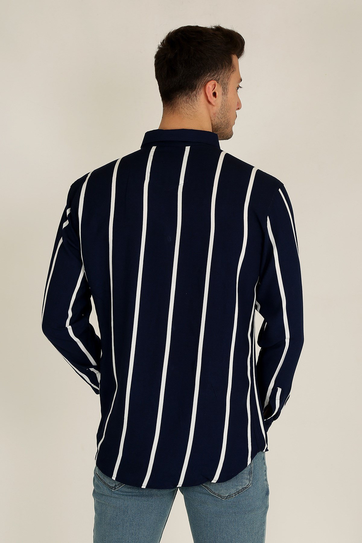 Erkek Dik Çizgili Uzun Kollu Gömlek 21K-4300574-1 Lacivert | Terapi Giyim