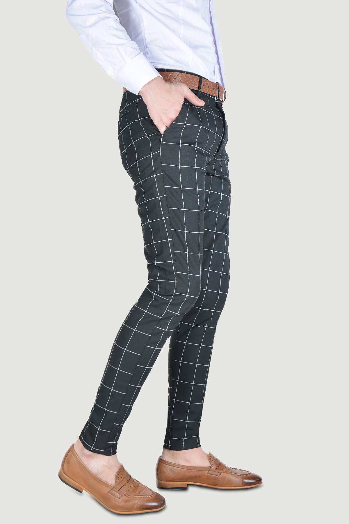 Erkek Ekoseli Slim Fit Keten Pantolon 20Y-2200265 Siyah | Terapi Giyim