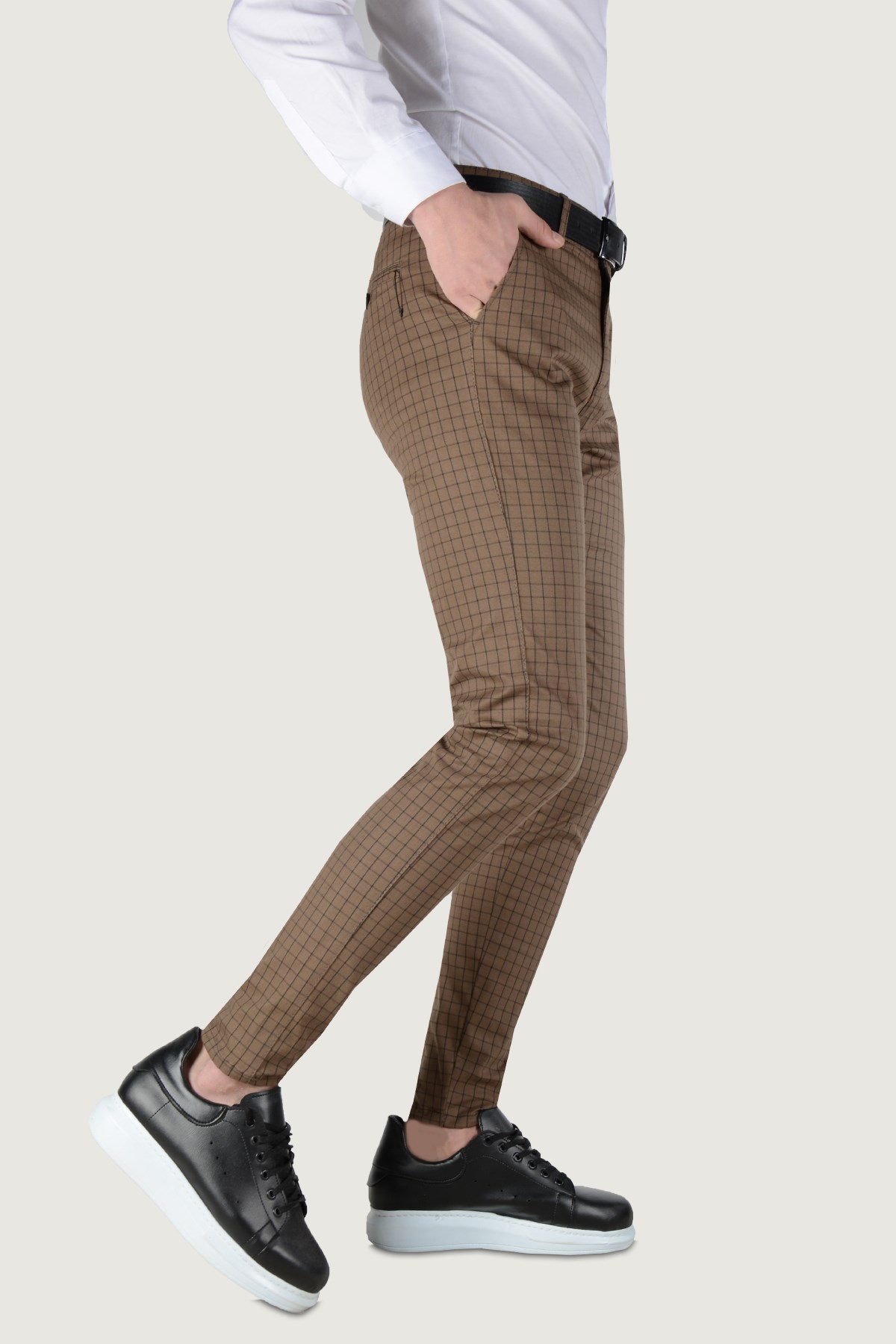 Erkek Ekoseli Slim Fit Keten Pantolon 20K-2200255 Koyu Kahverengi | Terapi  Giyim