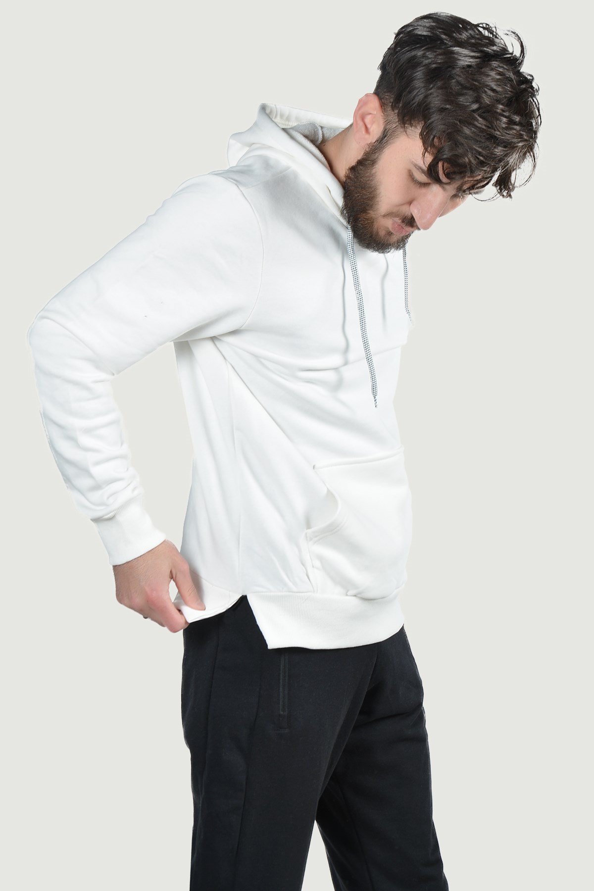 Erkek Kapüşonlu Uzun Kollu Kanguru Cepli Sweatshirt 20Y-5200248 Beyaz |  Terapi Giyim
