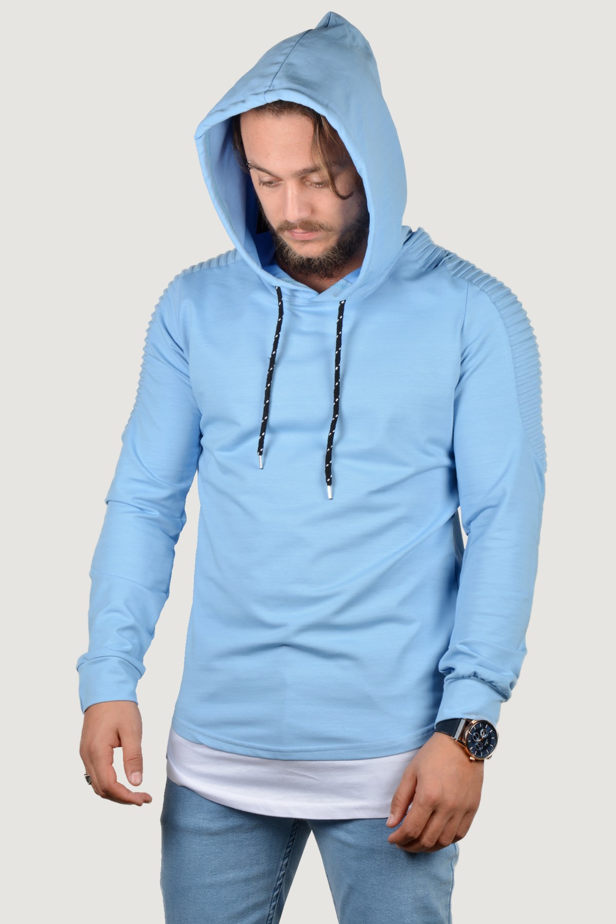 Erkek Kapüşonlu Nervürlü Sweatshirt 9K-5200150-013-1 Açık Mavi | Terapi  Giyim