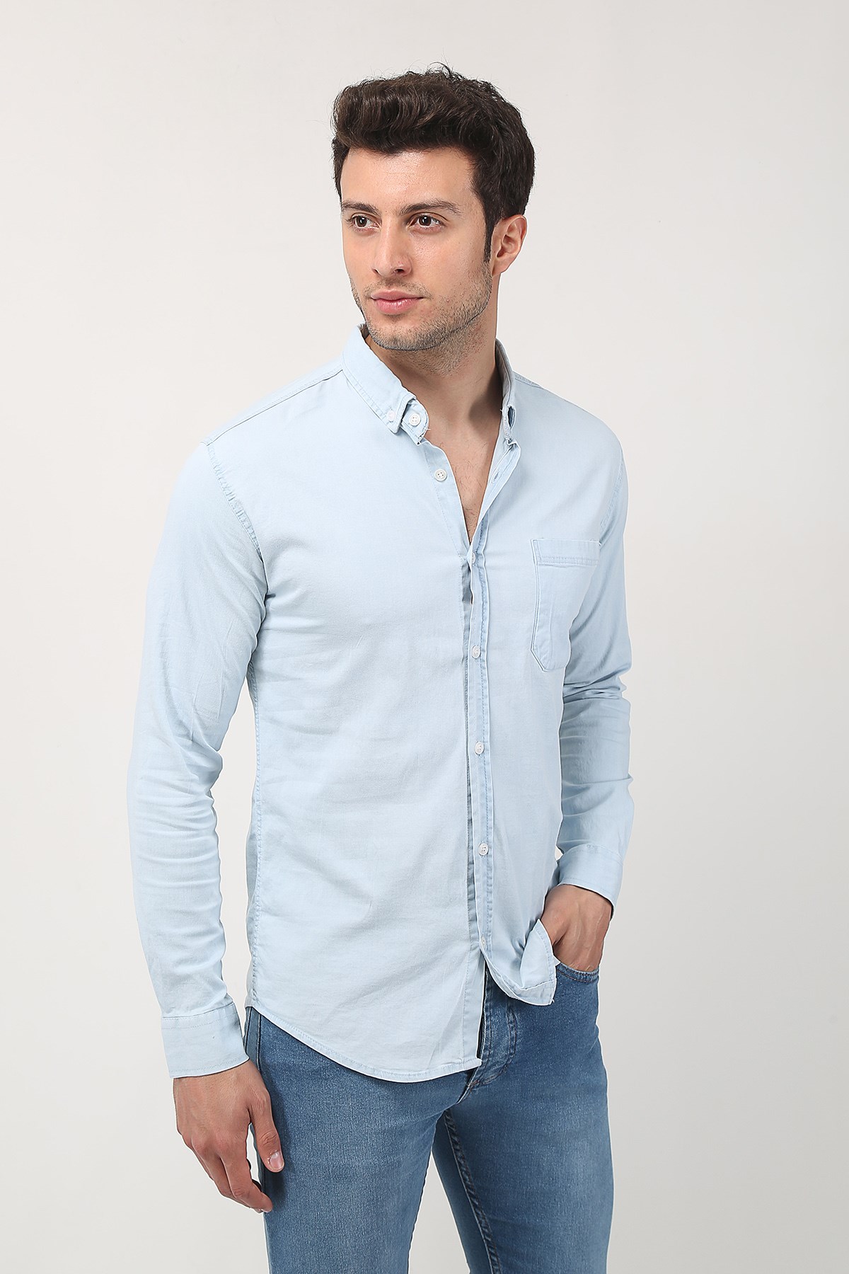 Erkek Uzun Kollu Cepli Kot Gömlek 21Y-4300589-01 Buz Mavisi | Terapi Giyim