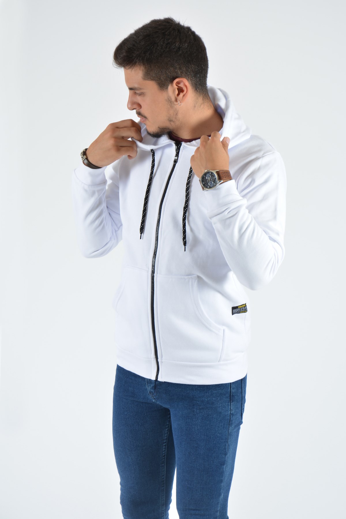 Erkek Fermuarlı Kapüşonlu Kanguru Cepli Sweatshirt 20Y-7000117 Beyaz |  Terapi Giyim