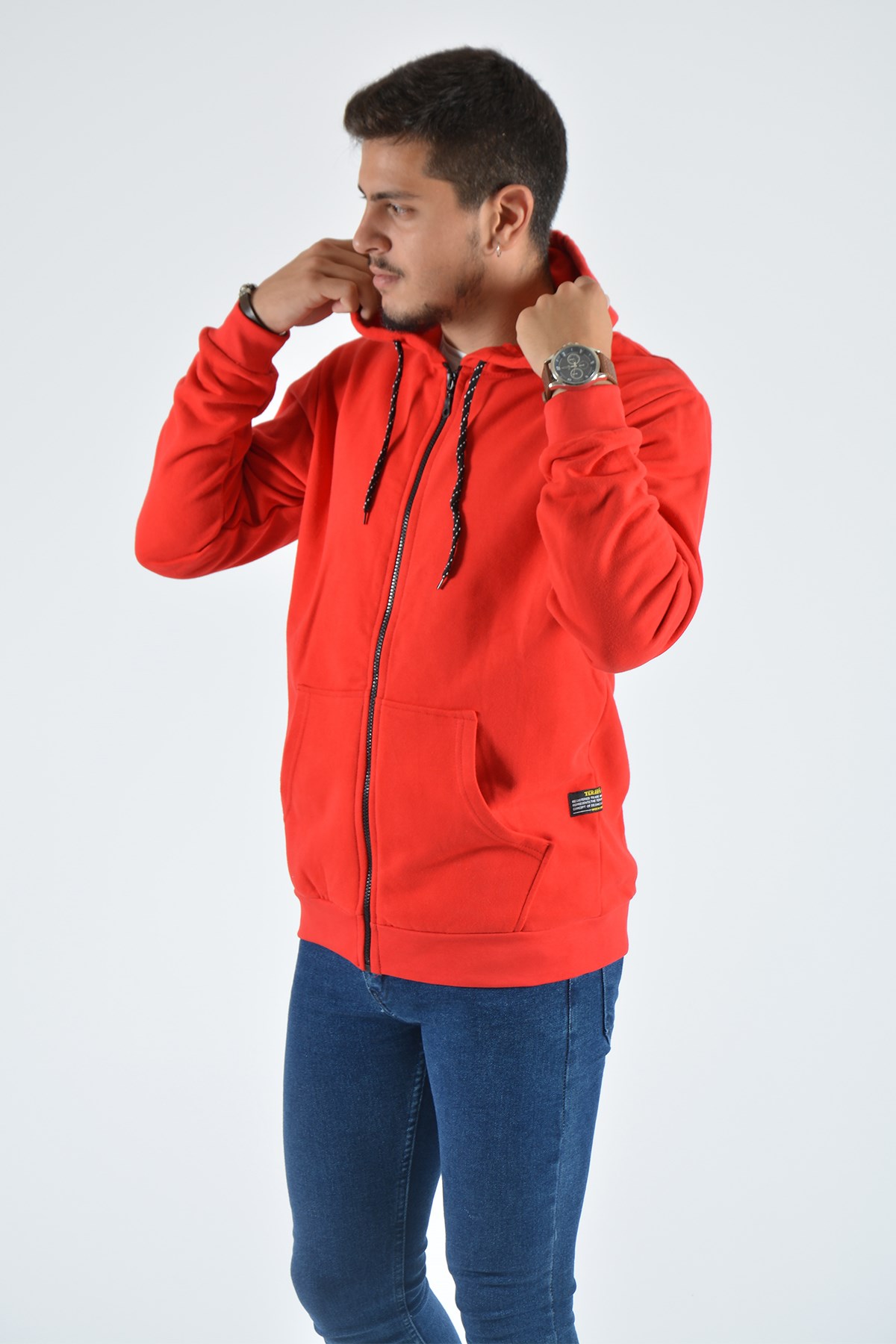 Erkek Fermuarlı Kapüşonlu Kanguru Cepli Sweatshirt 20K-7000126 Kırmızı |  Terapi Giyim