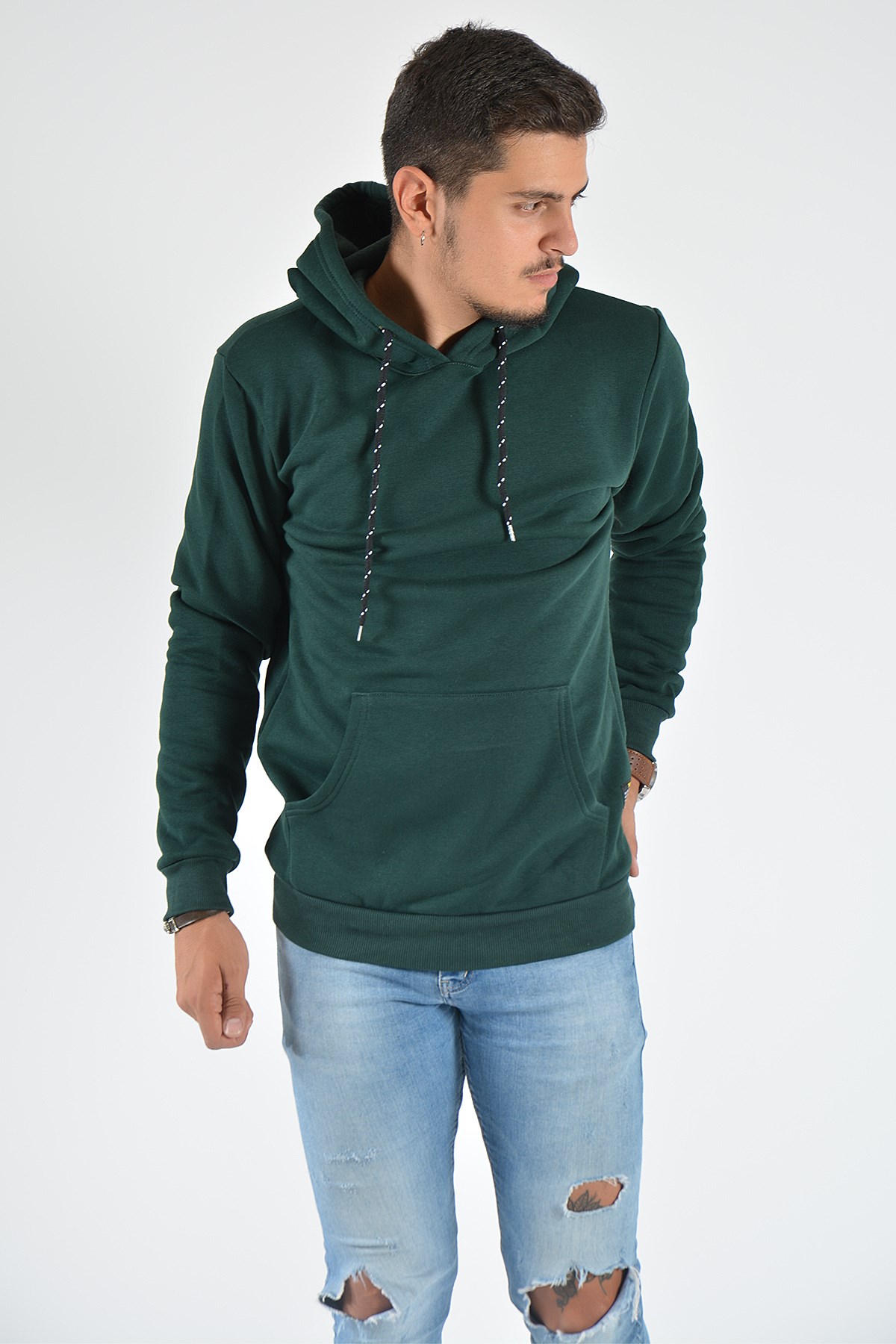 Erkek Kapüşonlu Uzun Kollu Sweatshirt 20Y-5200346 Koyu Yeşil | Terapi Giyim