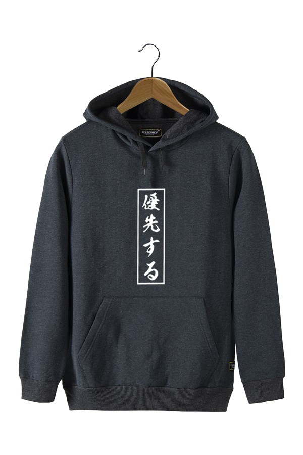 Erkek Antrasit Önü Japonca Baskılı Kapüşonlu Sweatshirt 22K-5200322-3
