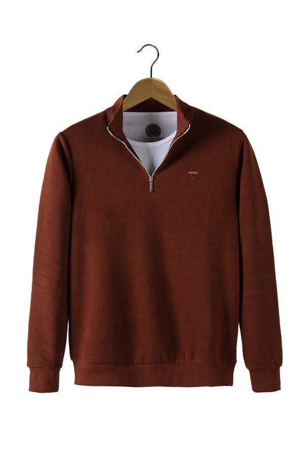 Erkek Balıkçı Yaka Yarım Fermuarlı Basic Trend Sweatshirt 21K-5200179-1 Koyu Kiremit