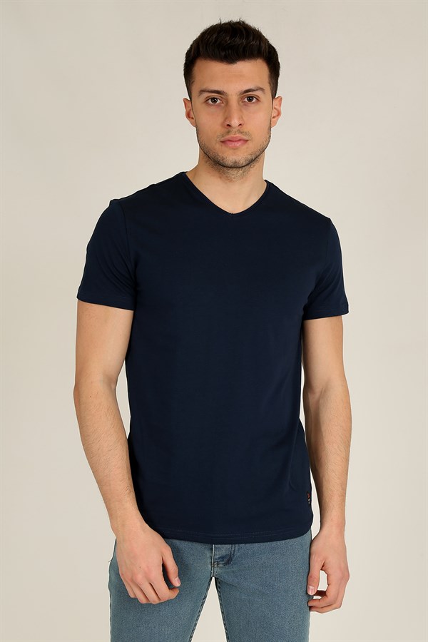 Erkek Basic Slim Fit V Yaka Kısa Kollu T-Shirt 21K-3400738-1 Lacivert