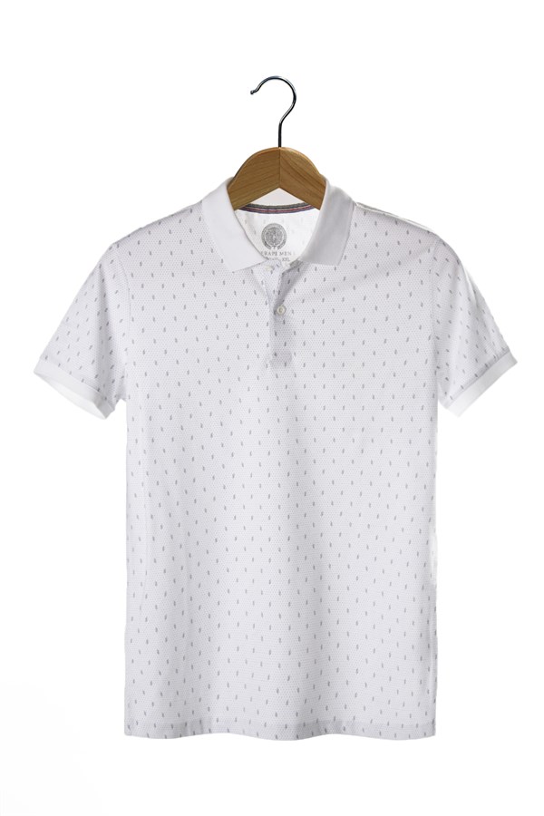 Erkek Beyaz Slim Fit Nokta ve Çizgi Desenli Polo Yaka T-Shirt 22Y-3400696