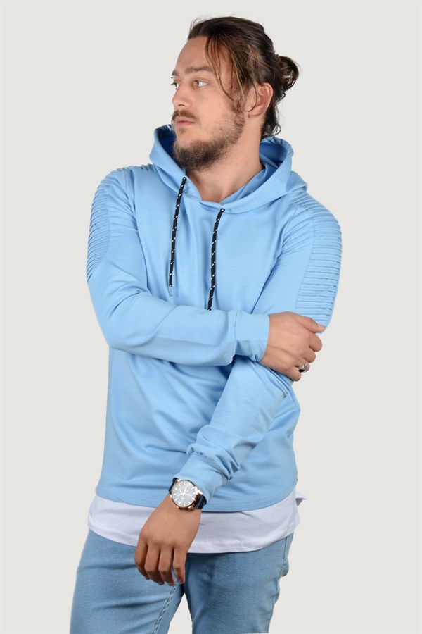 Erkek Kapüşonlu Nervürlü Sweatshirt 9K-5200150-013-1 Açık Mavi | Terapi  Giyim