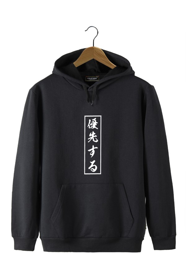 Erkek Siyah Önü Japonca Baskılı Kapüşonlu Sweatshirt 22K-5200322-3
