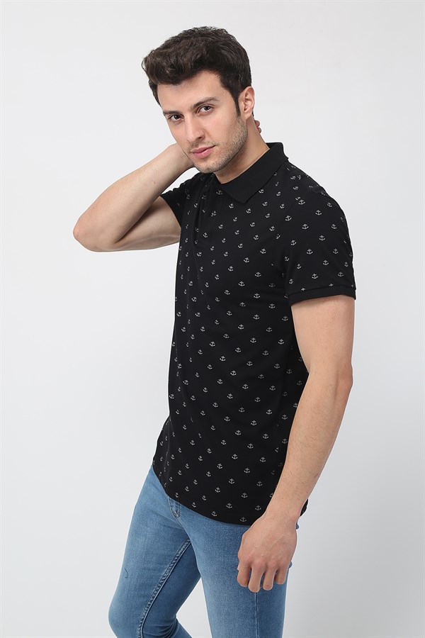 Erkek Slim Fit Desenli Polo Yaka T-Shirt 21Y-3400754-01 Siyah